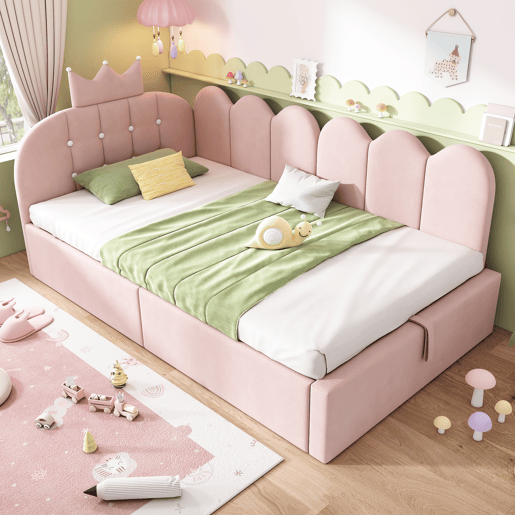 Cama de criança,cama de solteiro de veludo 90x190 cm com armazenamento,rosa