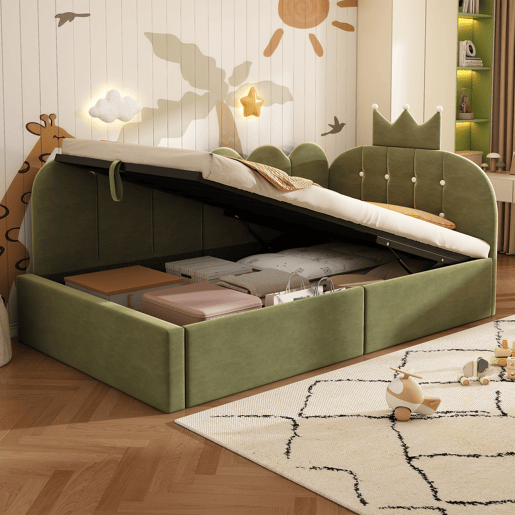 Cama de criança,cama de solteiro de veludo 90x190 cm com armazenamento,verde