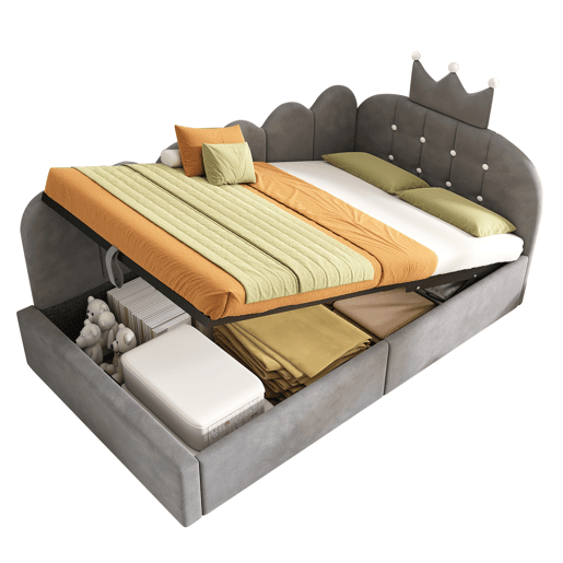 Cama de criança,cama de solteiro de veludo 90x200 cm com armazenamento,cinza