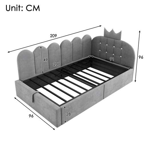 Cama de criança,cama de solteiro de veludo 90x200 cm com armazenamento,cinza