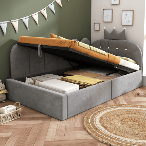 Cama de criança,cama de solteiro de veludo 90x200 cm com armazenamento,cinza