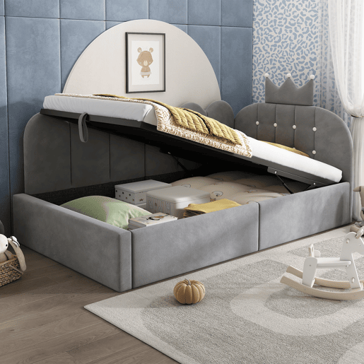 Cama de criança,cama de solteiro de veludo 90x200 cm com armazenamento,cinza