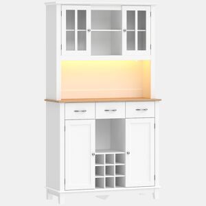 HOMCOM Alacena de Cozinha com Iluminação LED Controlada por APP, Armário Alto com Tampo para Micro-ondas, Suporte para Garrafas, Portas de Vidro, Prateleiras Abertas, 3 Gavetas, Branco