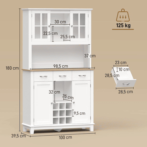 HOMCOM Alacena de Cozinha com Iluminação LED Controlada por APP, Armário Alto com Tampo para Micro-ondas, Suporte para Garrafas, Portas de Vidro, Prateleiras Abertas, 3 Gavetas, Branco