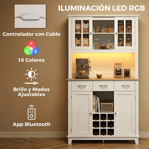 HOMCOM Alacena de Cozinha com Iluminação LED Controlada por APP, Armário Alto com Tampo para Micro-ondas, Suporte para Garrafas, Portas de Vidro, Prateleiras Abertas, 3 Gavetas, Branco