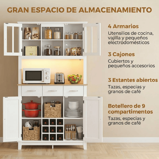HOMCOM Alacena de Cozinha com Iluminação LED Controlada por APP, Armário Alto com Tampo para Micro-ondas, Suporte para Garrafas, Portas de Vidro, Prateleiras Abertas, 3 Gavetas, Branco