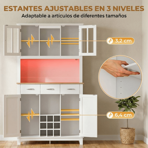HOMCOM Alacena de Cozinha com Iluminação LED Controlada por APP, Armário Alto com Tampo para Micro-ondas, Suporte para Garrafas, Portas de Vidro, Prateleiras Abertas, 3 Gavetas, Branco