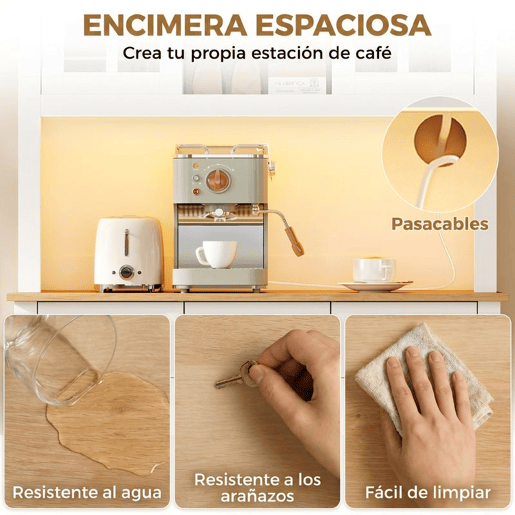HOMCOM Alacena de Cozinha com Iluminação LED Controlada por APP, Armário Alto com Tampo para Micro-ondas, Suporte para Garrafas, Portas de Vidro, Prateleiras Abertas, 3 Gavetas, Branco