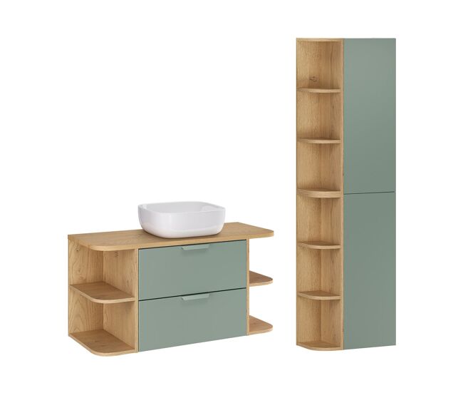 Mueble de lavabo de 100cm con nichos redondeados y columna oria verde mate