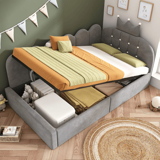 Cama de criança,cama de solteiro de veludo 90x190 cm com armazenamento,cinza