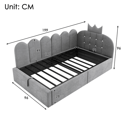 Cama de criança,cama de solteiro de veludo 90x190 cm com armazenamento,cinza