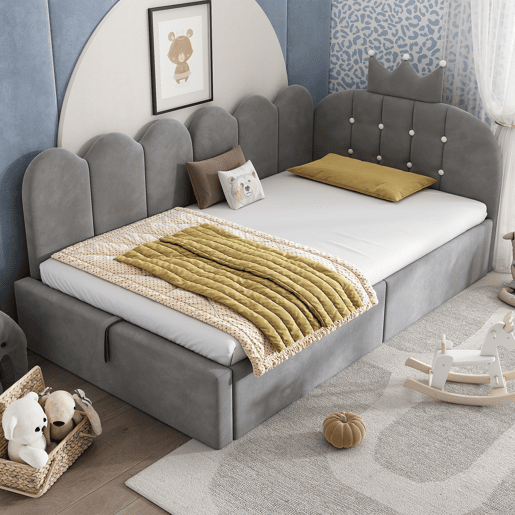 Cama de criança,cama de solteiro de veludo 90x190 cm com armazenamento,cinza