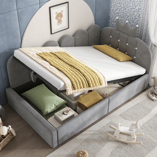 Cama de criança,cama de solteiro de veludo 90x190 cm com armazenamento,cinza
