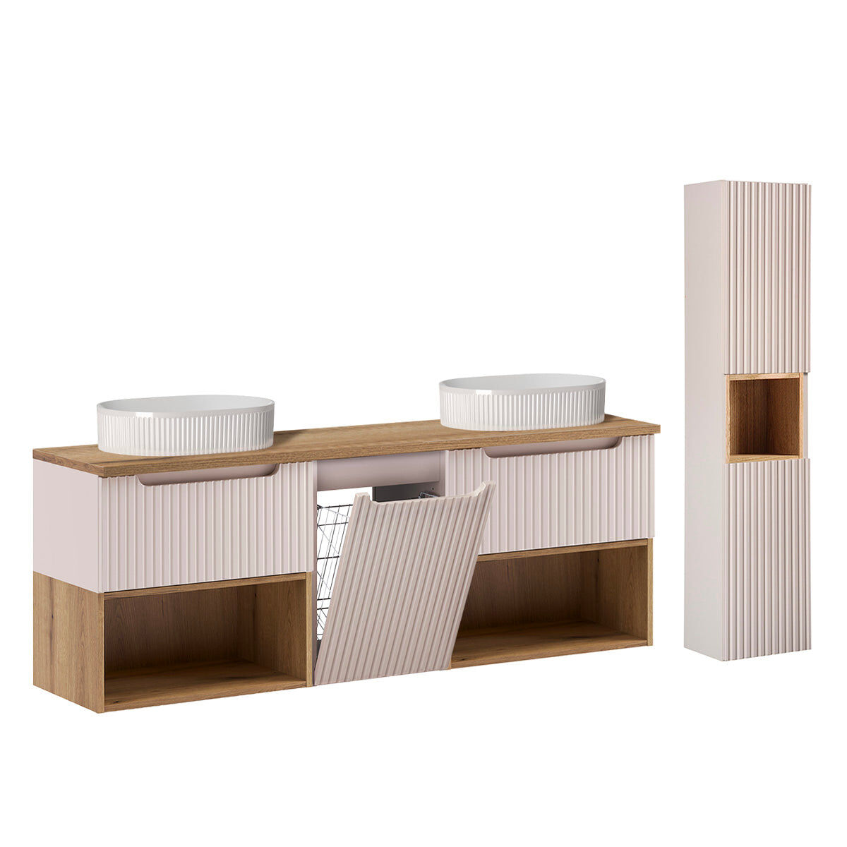 Mueble de lavabo doble riva cashmere y madera 160cm con cesto de ropa y pedestal