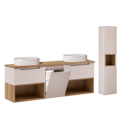 Conjunto móvel lavatório duplo Riva Caxemira e Madeira 160cm com cesto para roupa suja e base de apoio