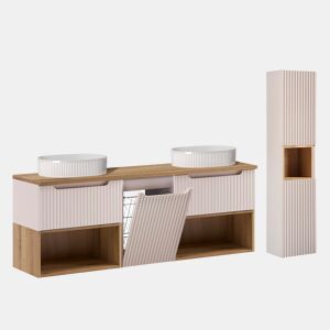 Conjunto móvel lavatório duplo Riva Caxemira e Madeira 160cm com cesto para roupa suja e base de apoio