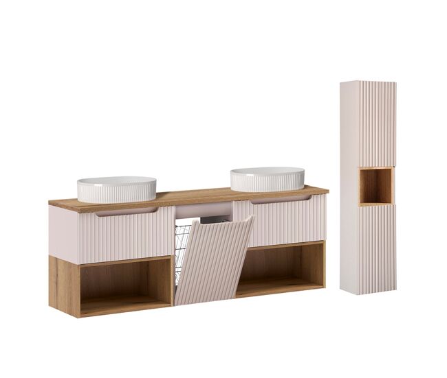 Mueble de lavabo doble riva cashmere y madera 160cm con cesto de ropa y pedestal