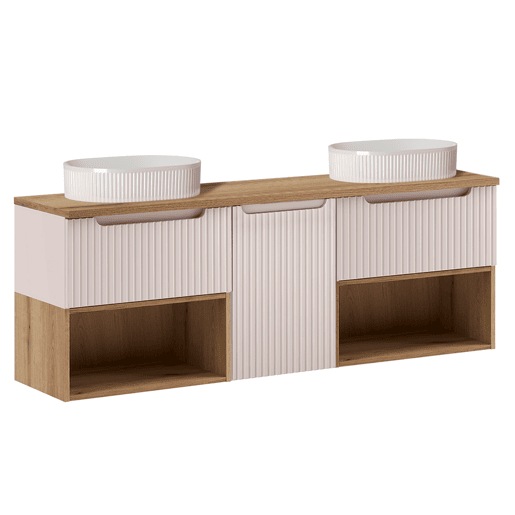 Conjunto móvel lavatório duplo Riva Caxemira e Madeira 160cm com cesto para roupa suja e base de apoio