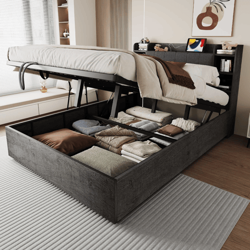 Cama de madeira 180x200 cm - cama hidráulica com espaço de arrumação na cabeceira, porta USB e tomada tipo C, cama de casal sem colchão - cinzenta