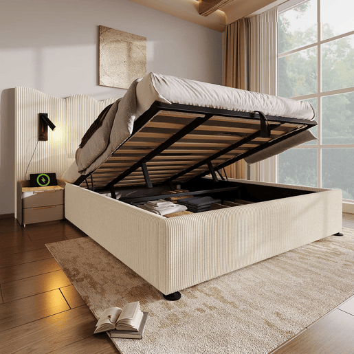 Cama de casal estofada 180x200 cm - com candeeiro de leitura, porta USB Type-C, espaço de arrumação, estrutura com base em madeira maciça e metal, tecido de veludo cotelê - Bege