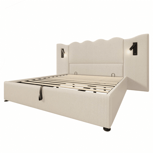 Cama de casal estofada 180x200 cm - com candeeiro de leitura, porta USB Type-C, espaço de arrumação, estrutura com base em madeira maciça e metal, tecido de veludo cotelê - Bege