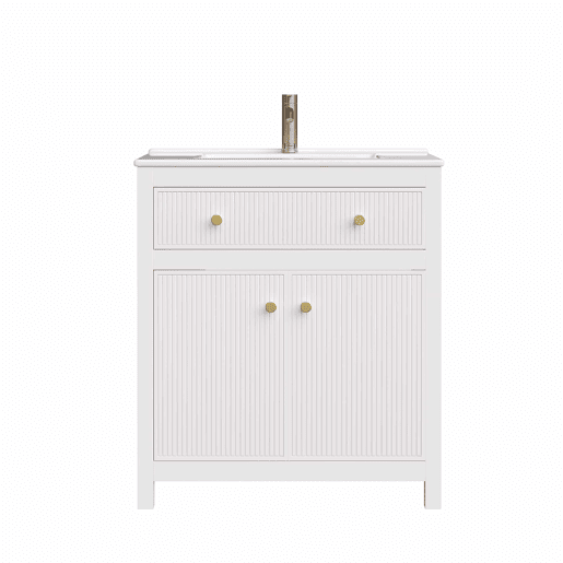 Móvel de casa de banho para lavatório 81 x 46,5 cm - lavatório em cerâmica, 1 gaveta + 1 porta com fecho suave, design moderno estriado, independente - Branco