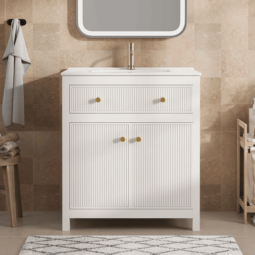 Móvel de casa de banho para lavatório 81 x 46,5 cm - lavatório em cerâmica, 1 gaveta + 1 porta com fecho suave, design moderno estriado, independente - Branco