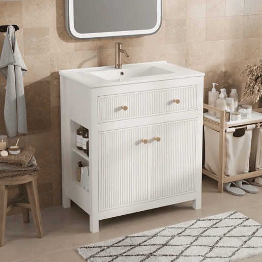 Móvel de casa de banho para lavatório 81 x 46,5 cm - lavatório em cerâmica, 1 gaveta + 1 porta com fecho suave, design moderno estriado, independente - Branco