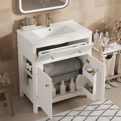 Móvel de casa de banho para lavatório 81 x 46,5 cm - lavatório em cerâmica, 1 gaveta + 1 porta com fecho suave, design moderno estriado, independente - Branco