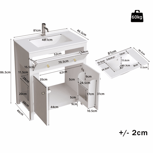 Móvel de casa de banho para lavatório 81 x 46,5 cm - lavatório em cerâmica, 1 gaveta + 1 porta com fecho suave, design moderno estriado, independente - Branco