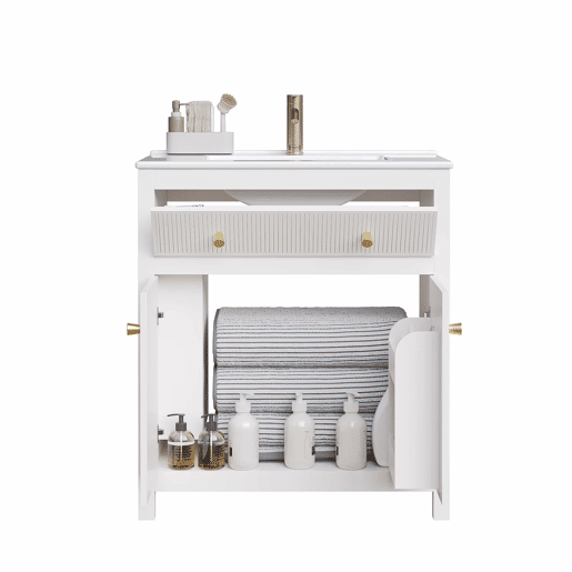 Móvel de casa de banho para lavatório 81 x 46,5 cm - lavatório em cerâmica, 1 gaveta + 1 porta com fecho suave, design moderno estriado, independente - Branco