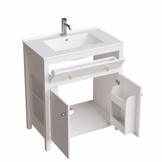 Móvel de casa de banho para lavatório 81 x 46,5 cm - lavatório em cerâmica, 1 gaveta + 1 porta com fecho suave, design moderno estriado, independente - Branco