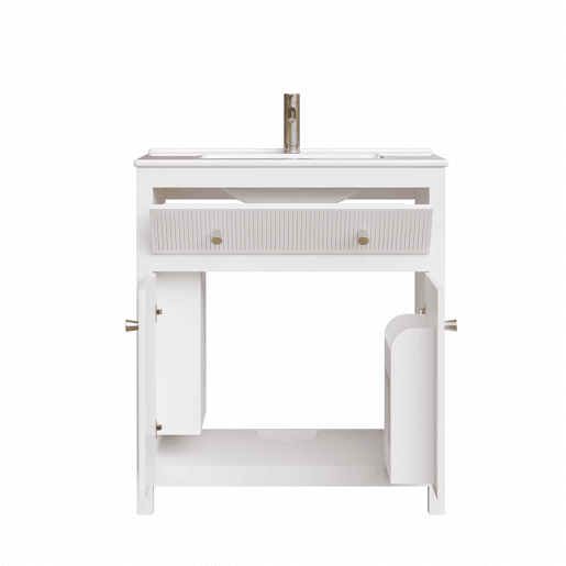 Móvel de casa de banho para lavatório 81 x 46,5 cm - lavatório em cerâmica, 1 gaveta + 1 porta com fecho suave, design moderno estriado, independente - Branco