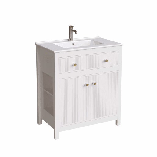 Móvel de casa de banho para lavatório 81 x 46,5 cm - lavatório em cerâmica, 1 gaveta + 1 porta com fecho suave, design moderno estriado, independente - Branco