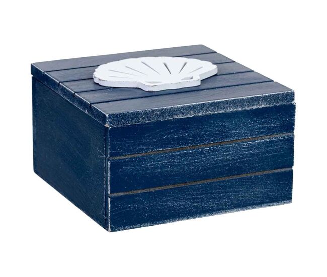 Caja de madera decorativa con concha azul 13.5x13.5x9h cm