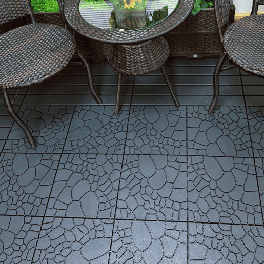 Ladrilhos de terraço encaixáveis de 30 cm - textura de pedra, sistema modular encaixável DIY, instalação fácil e rápida, 44 peças, para uso exterior em pátios, piscinas, varandas e jardins - cinzento escuro