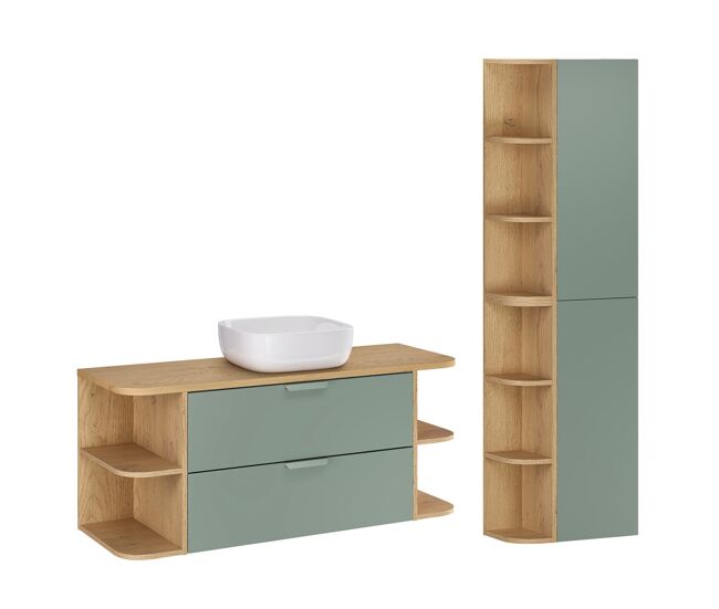 Mueble de lavabo de 120cm con nichos redondeados y columna oria verde mate