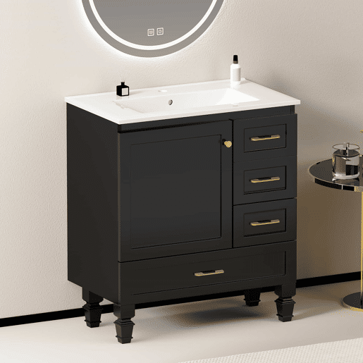 Móvel de casa de banho de 76 cm - amplo espaço de arrumação, 1 porta com fecho suave e 3 gavetas - preto