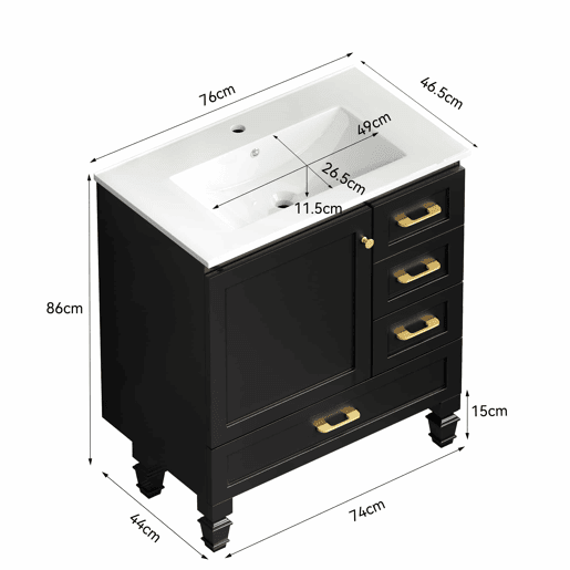 Móvel de casa de banho de 76 cm - amplo espaço de arrumação, 1 porta com fecho suave e 3 gavetas - preto