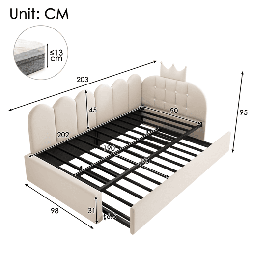 Cama gavetão de veludo 90x200 cm,bege