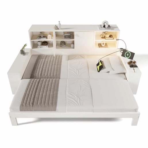 Cama com arrumação 90x200 cm - cama embutida com cama extraível, portas duplas de arrumação, portas USBUSB-C, design multifuncional e economizador de espaço, cama juvenil e de casal - branco