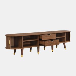 Conjunto de sala de estar de 2 peças u2013 mesa de centro com altura ajustável e móvel de TV com portas de correr, design com ranhuras verticais, pés em madeira, puxadores dourados e amplo espaço de arrumação u2013 cor nogueira