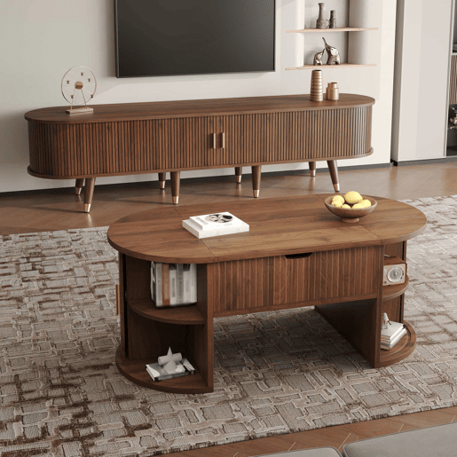 Conjunto de sala de estar de 2 peças u2013 mesa de centro com altura ajustável e móvel de TV com portas de correr, design com ranhuras verticais, pés em madeira, puxadores dourados e amplo espaço de arrumação u2013 cor nogueira Conjunto de sala de estar de 2 peças u2013 mesa de centro com altura ajustável e móvel de TV com portas de correr, design com ranhuras verticais, pés em madeira, puxadores dourados e amplo espaço de arrumação u2013 cor nogueira