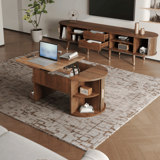 Conjunto de sala de estar de 2 peças u2013 mesa de centro com altura ajustável e móvel de TV com portas de correr, design com ranhuras verticais, pés em madeira, puxadores dourados e amplo espaço de arrumação u2013 cor nogueira Conjunto de sala de estar de 2 peças u2013 mesa de centro com altura ajustável e móvel de TV com portas de correr, design com ranhuras verticais, pés em madeira, puxadores dourados e amplo espaço de arrumação u2013 cor nogueira
