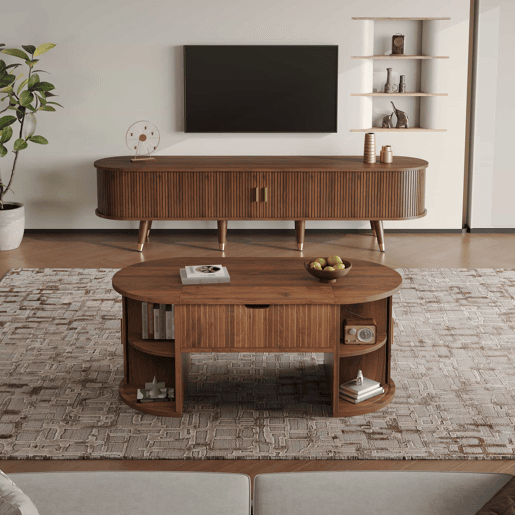 Conjunto de sala de estar de 2 peças u2013 mesa de centro com altura ajustável e móvel de TV com portas de correr, design com ranhuras verticais, pés em madeira, puxadores dourados e amplo espaço de arrumação u2013 cor nogueira Conjunto de sala de estar de 2 peças u2013 mesa de centro com altura ajustável e móvel de TV com portas de correr, design com ranhuras verticais, pés em madeira, puxadores dourados e amplo espaço de arrumação u2013 cor nogueira