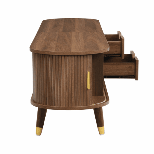 Conjunto de sala de estar de 2 peças u2013 mesa de centro com altura ajustável e móvel de TV com portas de correr, design com ranhuras verticais, pés em madeira, puxadores dourados e amplo espaço de arrumação u2013 cor nogueira Conjunto de sala de estar de 2 peças u2013 mesa de centro com altura ajustável e móvel de TV com portas de correr, design com ranhuras verticais, pés em madeira, puxadores dourados e amplo espaço de arrumação u2013 cor nogueira