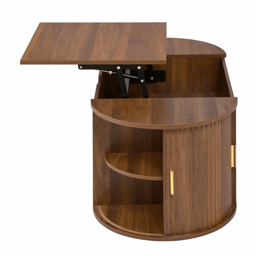 Conjunto de sala de estar de 2 peças u2013 mesa de centro com altura ajustável e móvel de TV com portas de correr, design com ranhuras verticais, pés em madeira, puxadores dourados e amplo espaço de arrumação u2013 cor nogueira Conjunto de sala de estar de 2 peças u2013 mesa de centro com altura ajustável e móvel de TV com portas de correr, design com ranhuras verticais, pés em madeira, puxadores dourados e amplo espaço de arrumação u2013 cor nogueira