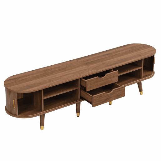 Conjunto de sala de estar de 2 peças u2013 mesa de centro com altura ajustável e móvel de TV com portas de correr, design com ranhuras verticais, pés em madeira, puxadores dourados e amplo espaço de arrumação u2013 cor nogueira Conjunto de sala de estar de 2 peças u2013 mesa de centro com altura ajustável e móvel de TV com portas de correr, design com ranhuras verticais, pés em madeira, puxadores dourados e amplo espaço de arrumação u2013 cor nogueira