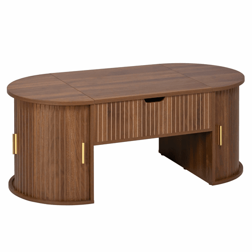 Conjunto de sala de estar de 2 peças u2013 mesa de centro com altura ajustável e móvel de TV com portas de correr, design com ranhuras verticais, pés em madeira, puxadores dourados e amplo espaço de arrumação u2013 cor nogueira Conjunto de sala de estar de 2 peças u2013 mesa de centro com altura ajustável e móvel de TV com portas de correr, design com ranhuras verticais, pés em madeira, puxadores dourados e amplo espaço de arrumação u2013 cor nogueira