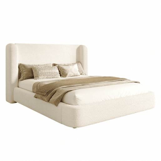 Cama de casal estofada 180x200 - cama hidráulica com base de lâminas, cabeceira acolchoada e amplo espaço de arrumação - bouclé bege
